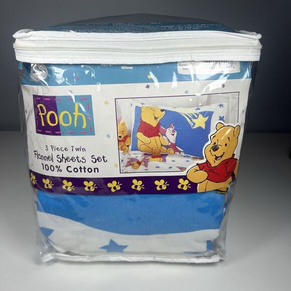 Winnie the Pooh & Piglet Flannel TWIN Size Fitted Flat Sheet Set Bedding 1990s - Picture 1 of 6